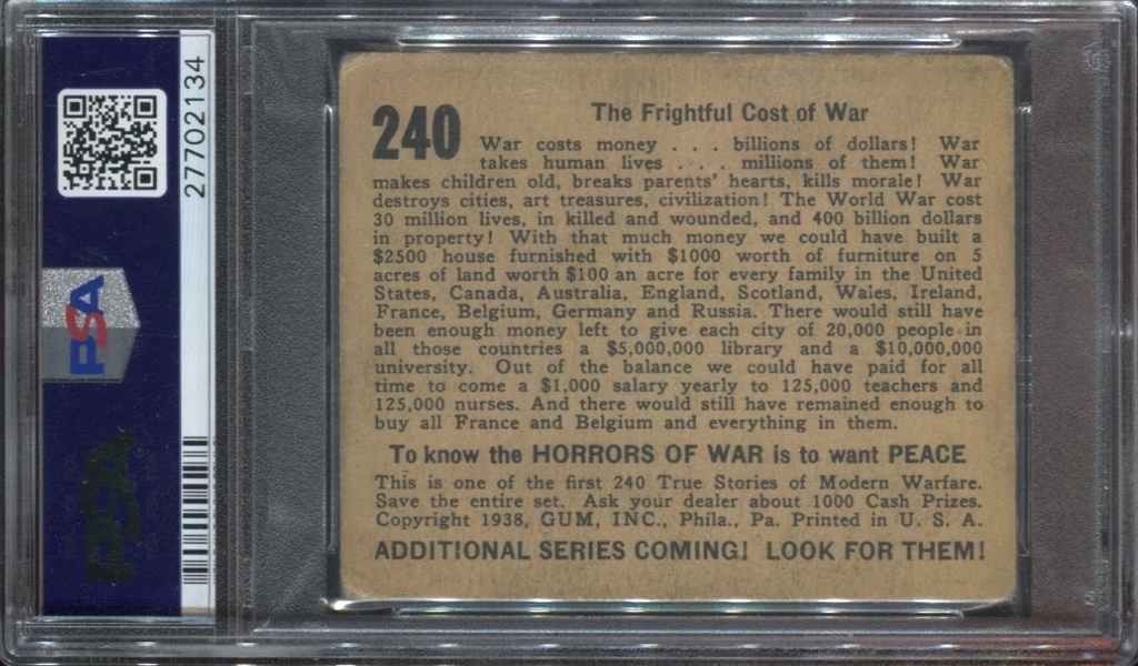 R69 Gum Inc Horrors of War #240 Frightful Cost of War PSA-Graded