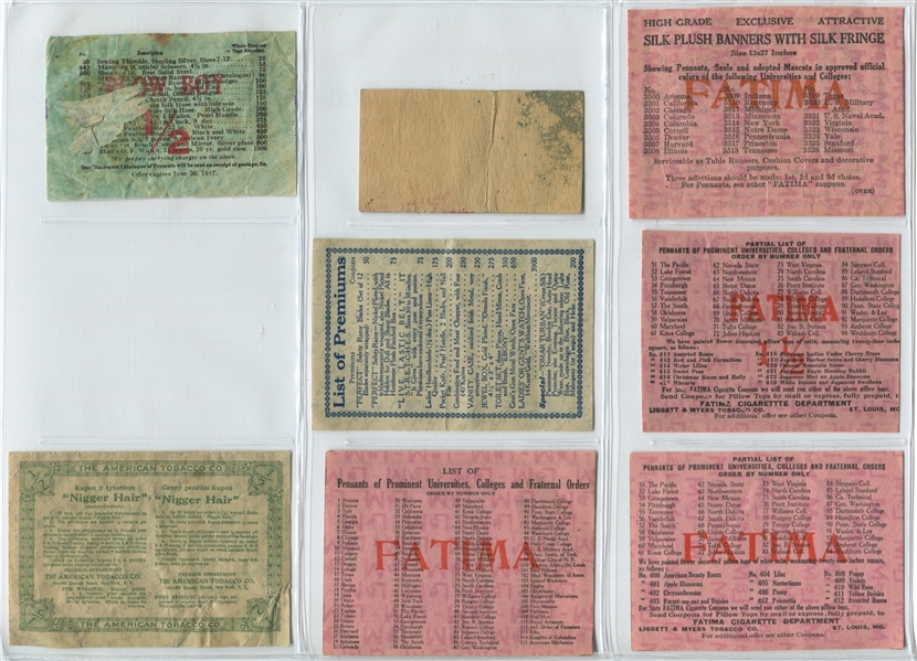 1910's Tobacco Coupon Lot of (8) Coupons From Fatima, Aug. Beck and Others