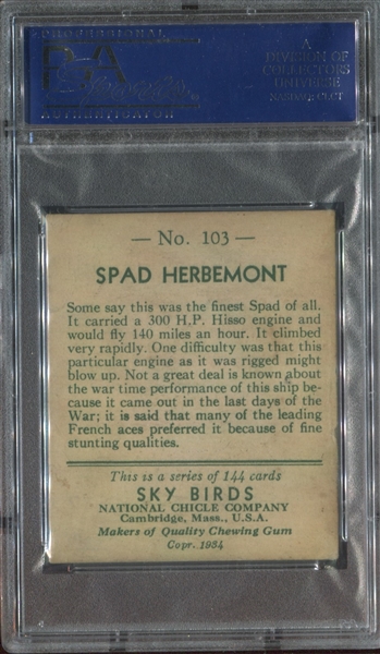 R136 National Chicle Sky Birds High Number #103 Spad Herbemont PSA4 VGEX