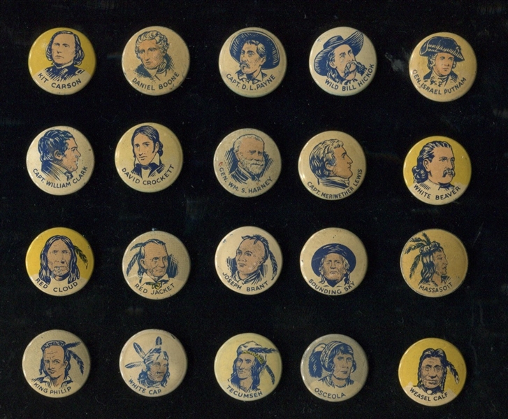 1930's Button Gum / Cracker Jack Pinbacks Complete Set of (20) Indians & Scouts