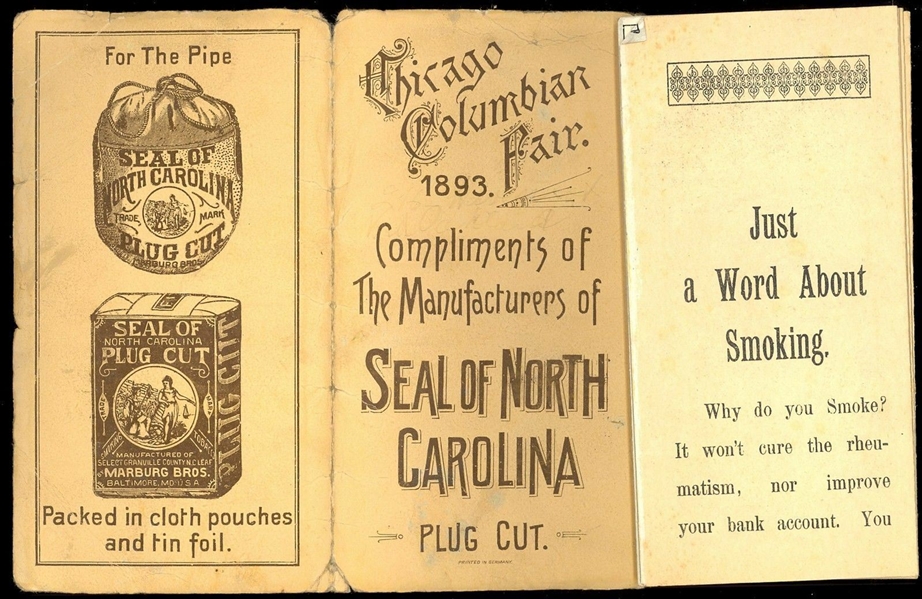 1893 Chicago Columbian Exposition Seal of North Carolina Tobacco Booklet