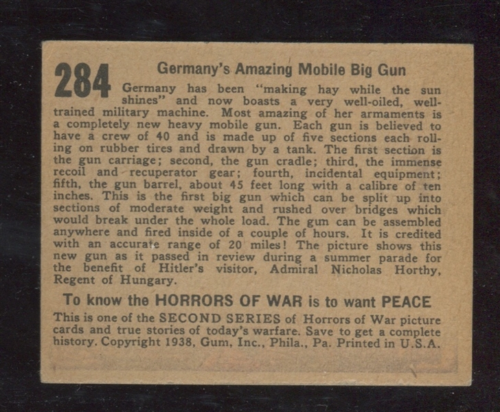 R69 Gum Inc Horrors of War #284 Germany's Amazing Mobile Big Gun