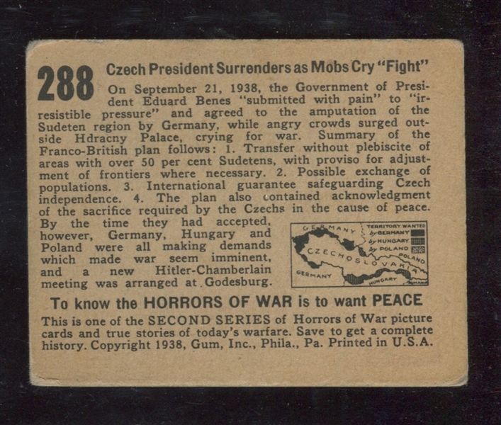 R69 Gum Inc Horrors of War #288 Czech President Surrenders as Mobs Cry Fight FINAL CARD