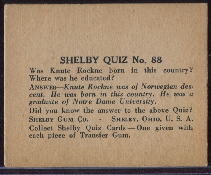 R195 Shelby Gum Quiz Card #88 Knute Rockne FOOTBALL