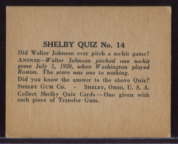 R195 Shelby Gum Quiz Card #14 Walter Johnson BASEBALL