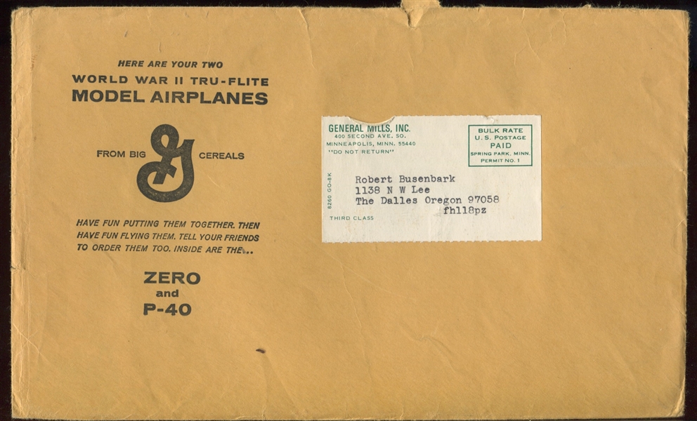 F272 General Mills World War II Tru-Flite Model Airplane Japanese Zero with Mailing Envelope and Instruction Sheet