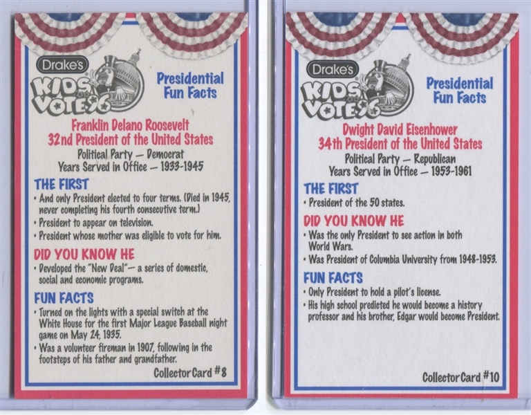 1996 Drake's Cakes Kids Vote '96 U.S. Presidents Cards Lot of (11) Different