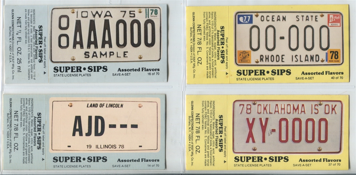 1978 Glenn Confections Super-Sips State License Plates Stickers (12 Different)