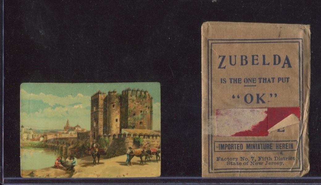 T304 Zubelda Cigarettes Miniature Painting on Tin Castle Scene with Original Envelope