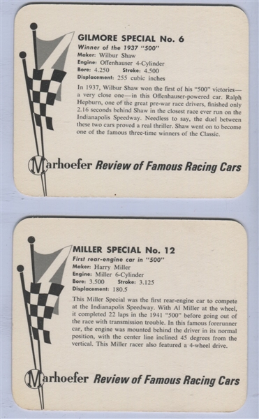 1965 Marhoefer Meats Review of Famous Racing Cars High Grade Complete Set of (10) Cards