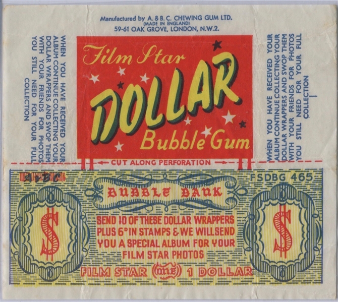 A,B & C Film Star Dollar Bubble Gum Wrapper