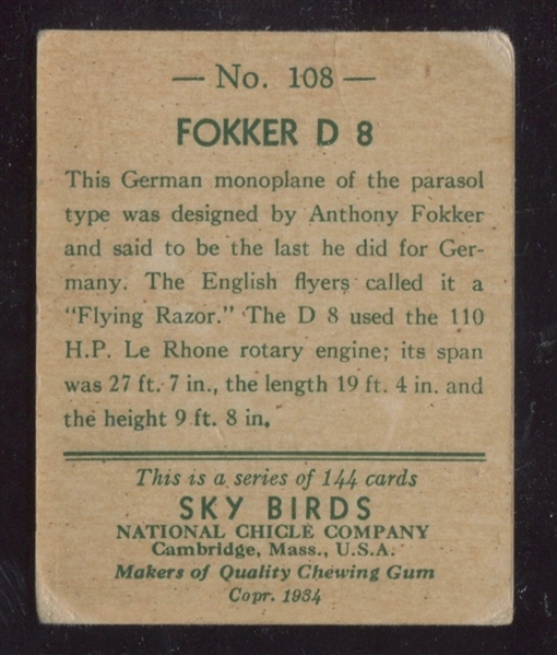 R136 National Chicle Sky Birds #108 Fokker D-8 Final Card in Set