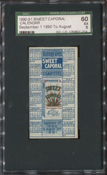 N242 Kinney Sweet Caporal 1890-1891 Calendar Card SGC60 EX5