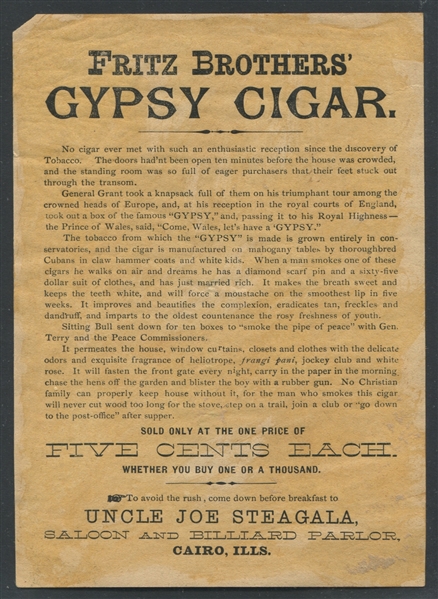 Fritz Brothers' Gypsy Cigar Advertising Piece