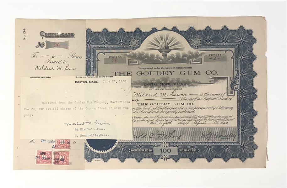 Fantastic Goudey Gum Company Stock Certificate Signed by Goudey and Delong
