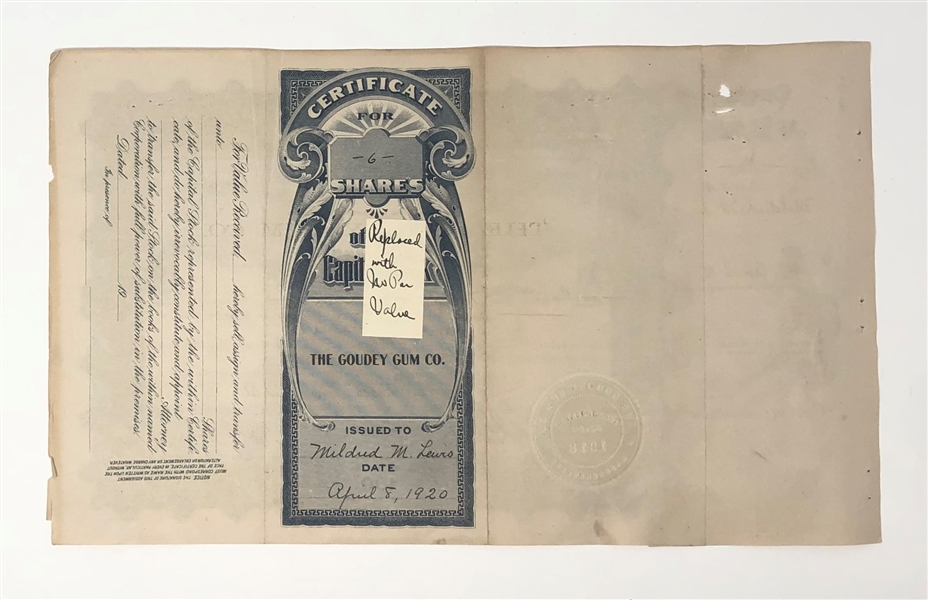 Fantastic Goudey Gum Company Stock Certificate Signed by Goudey and Delong