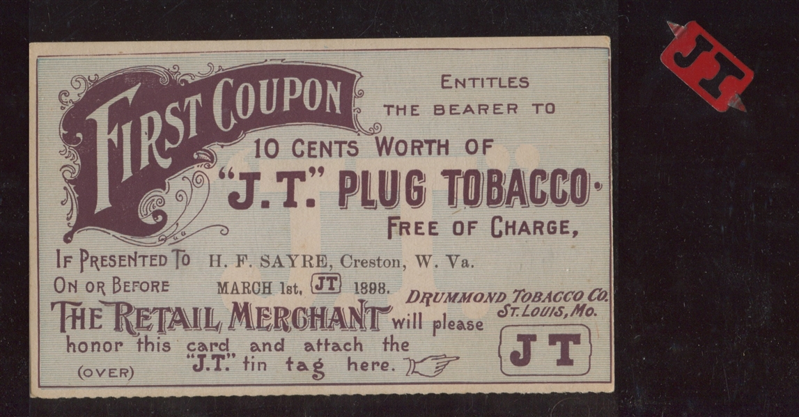 J T Plug Tobacco Coupon and Tin Tag