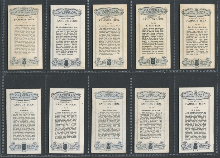 1936 Carreras Famous Men Complete Set of (25) Cards
