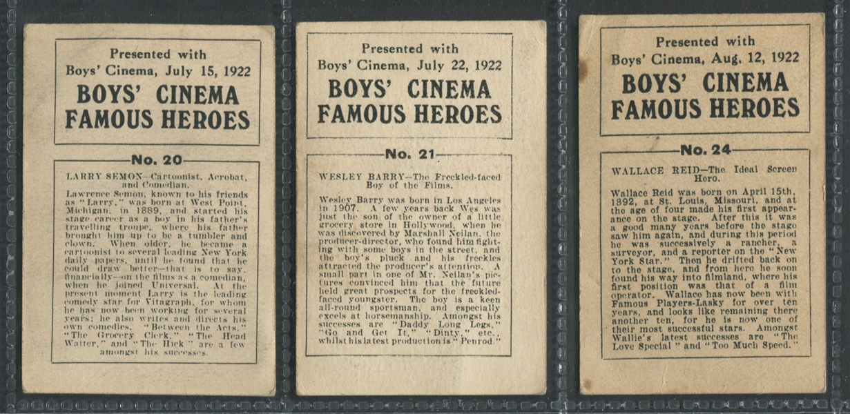 1922 Boy's Cinema Famous Heroes Lot of (19) Cards with Tough Houdini Card