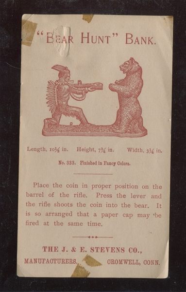 Vintage Bear Hunt Mechanical Bank Trade Card - TOUGH