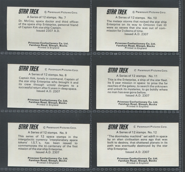 1971 Primrose Confectionery (UK) Star Trek Set of (12) Cards/Stamps