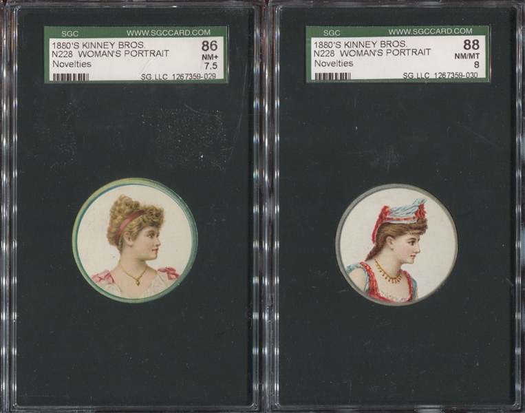 N228-2 Kinney Brothers Novelties Round Women's Portraits (THIN) Lot of (2) SGC-Graded Cards