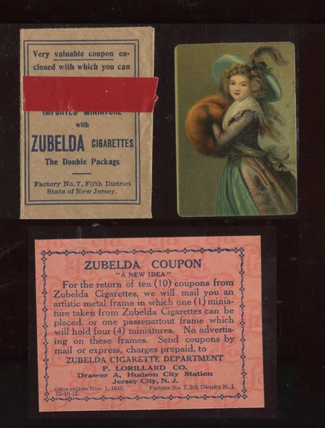 T304 Zubelda Cigarettes Miniatures on Convex Tin Type Card, Coupon and Envelope