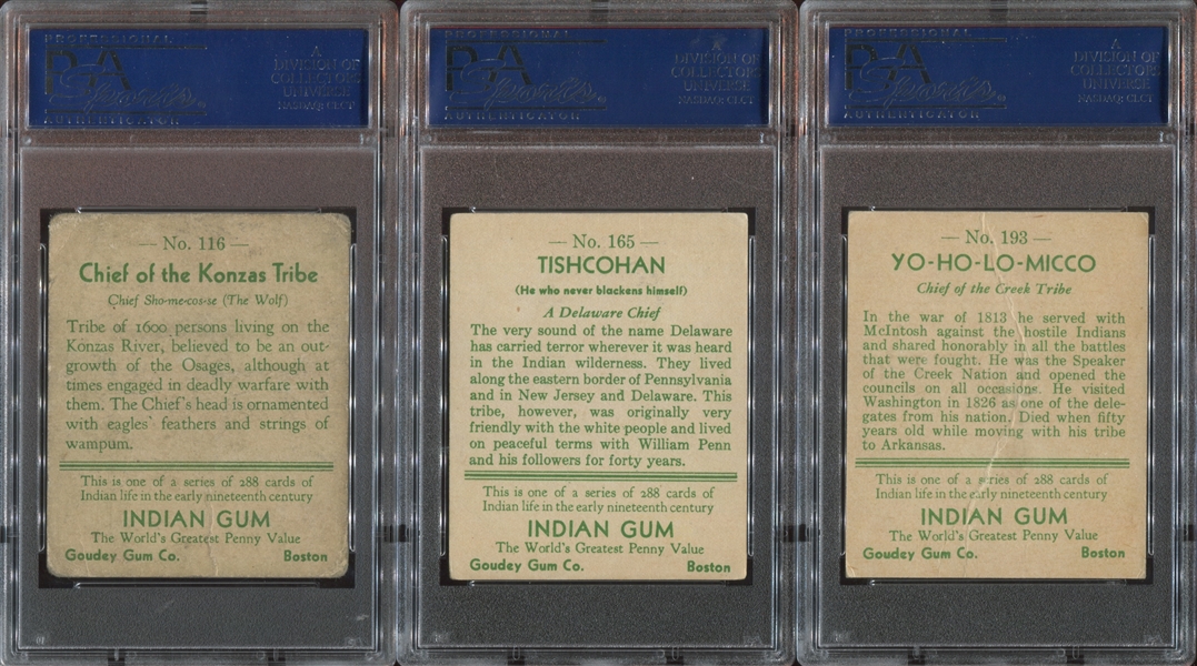 R73 Goudey Indian Gum Lot of (3) PSA-Graded Series of 288 TOUGH Cards