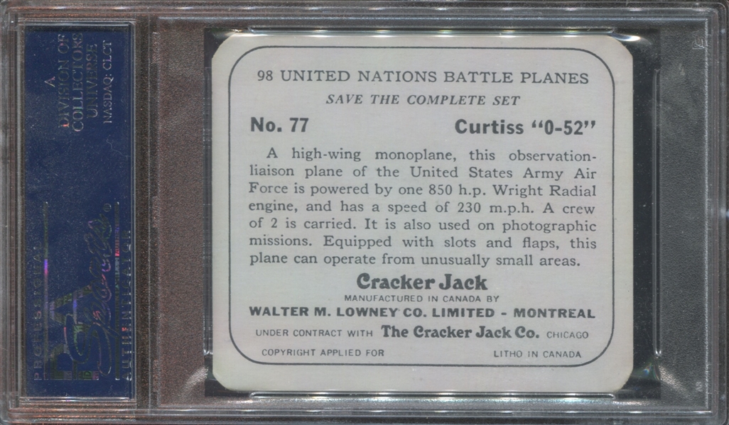 V407 Cracker Jack United Nations Battle Planes #77 Curtiss O-52 PSA9 MT