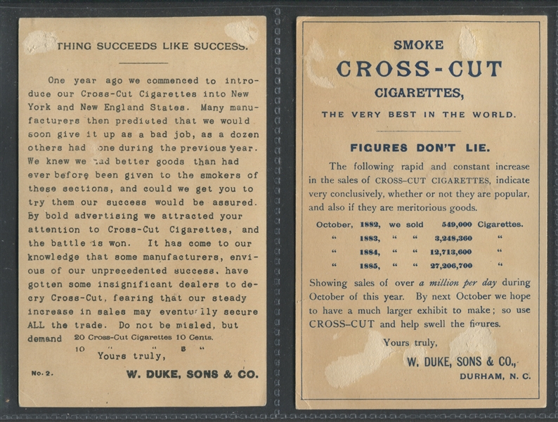 19th Century Duke Cross Cut Cigarettes Pair of Advertising Trade Cards
