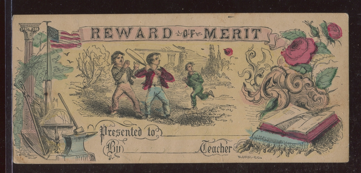 Interesting 1840's/1850's Reward of Merit with inset Baseball Image - Multicolor Hand-Tinted