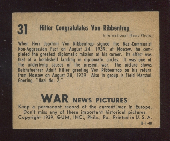R165 Gum Inc War News Pictures #31 Hitler Congratulates Von Ribbentrop