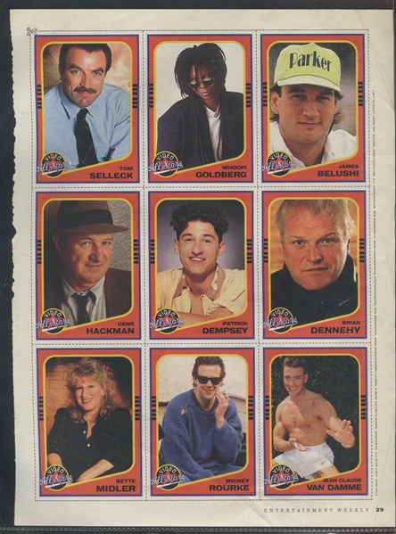 1991 Entertainment Weekly Celebrity Trading Card Page (9 Subjects) - Including Selleck, Whoopi, Midler 