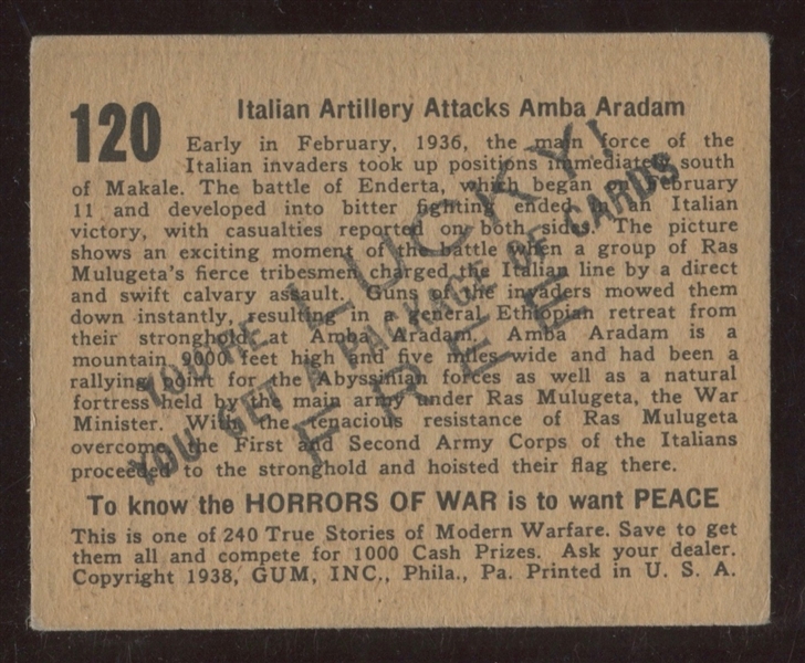 R69 Gum Inc Horrors of War #120 Lucky Package Free Winner Card
