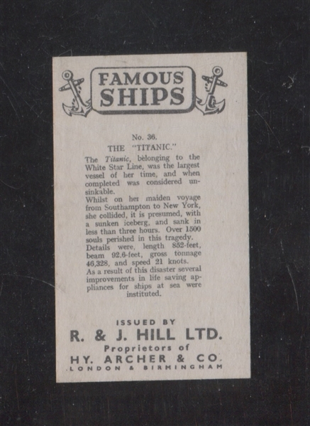 1939 R & J Hill Famous Ships Titanic