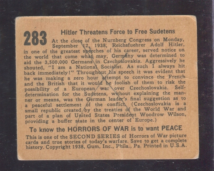 R69 Gum Inc Horrors of War #283 Hitler Threatens Force to Free Sudetens