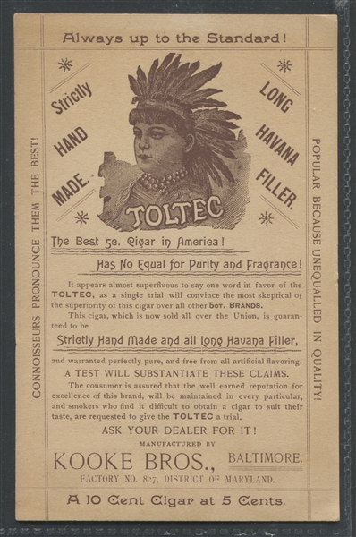 1880's Toltec Cigar Advertising Cabinet Trade Card