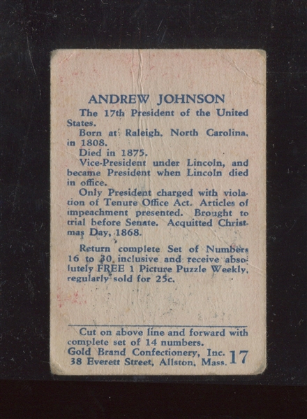 R115 Gold Bond Confectionery Presidents #17 Andrew Johnson