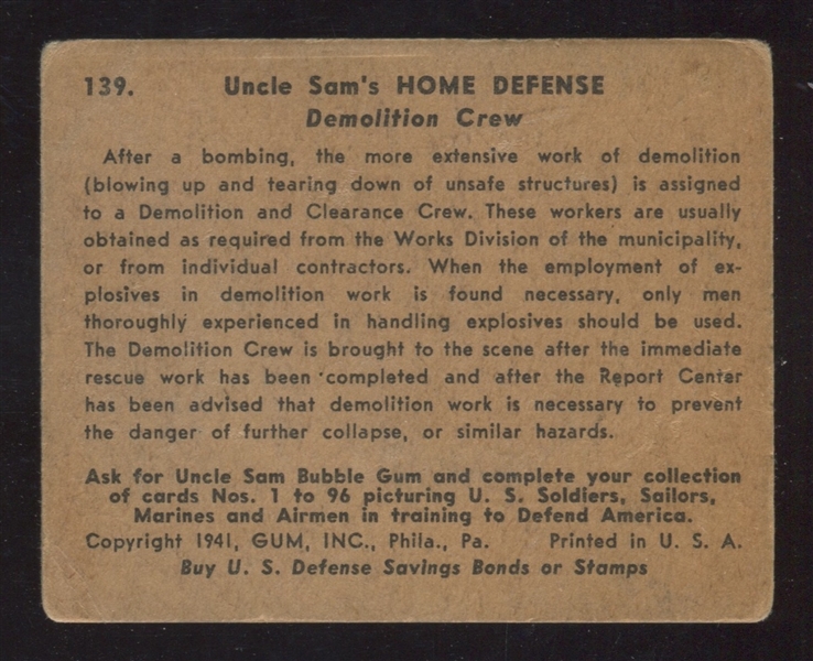 R158 Gum Inc Uncle Sam Home Defense #139 Demolition Crew