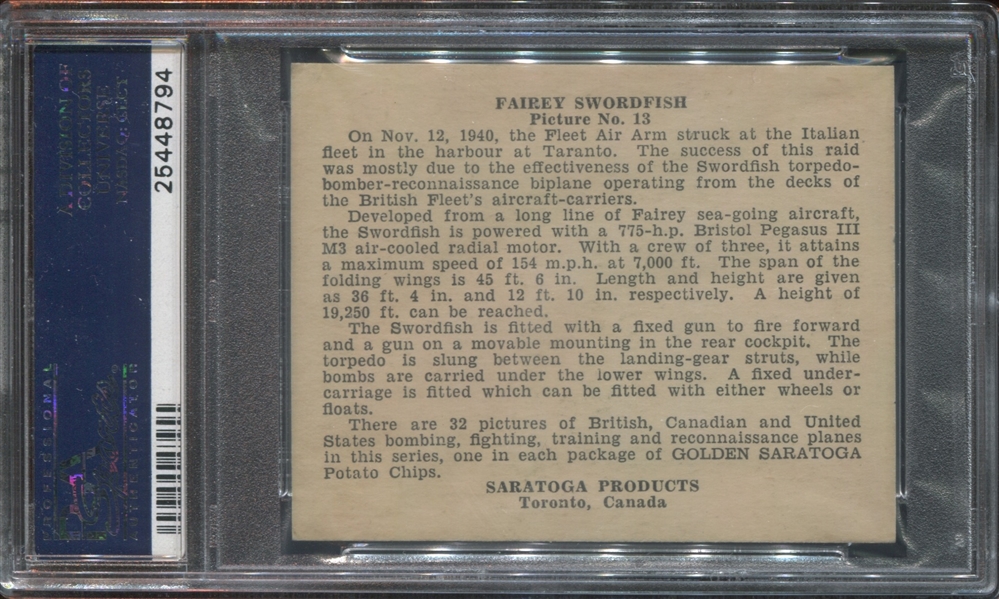 FC17 Saratoga Products Warplanes #13 Fairey Swordfish PSA7 NM