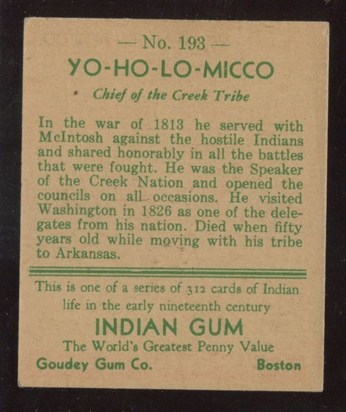 R73 Goudey Gum Indian Gum #193 Yo-Ho-Lo-Micco White Background