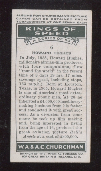 1939 WA & AC Churchman Kings of Speed #6 Howard Hughes