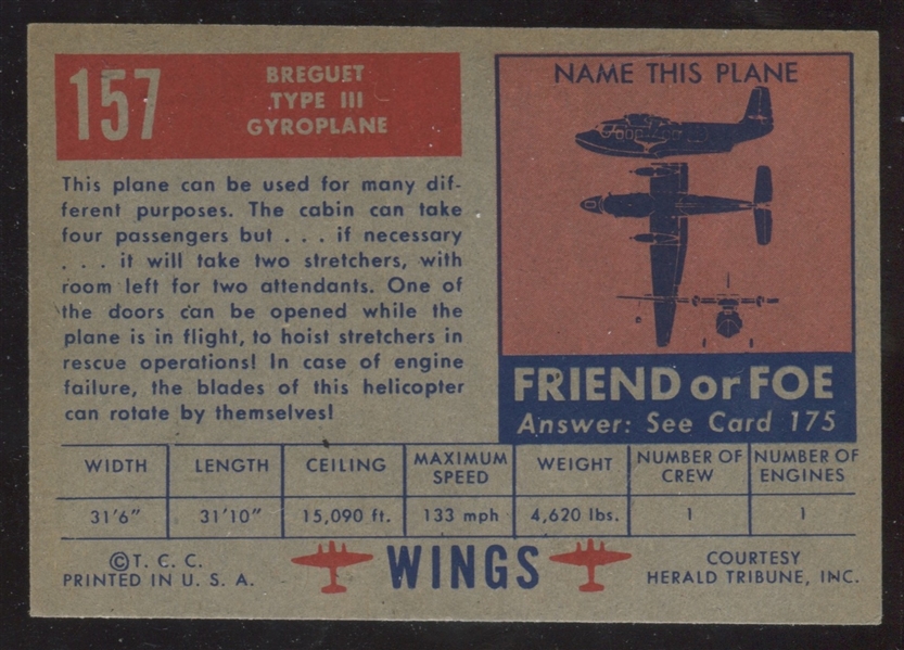 1952 Topps Wings #157 BREGUET TYPE III French HELICOPTER EX+