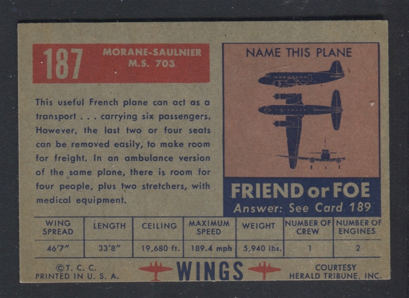 1952 Topps Wings #187 Morane-Saulnier M.S. 703 EX+