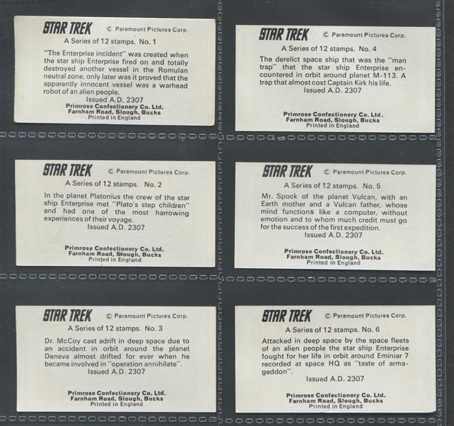 (10) Complete sets of 1971 Primrose Confectionery (UK) Star Trek Set of (12) Cards/Stamps