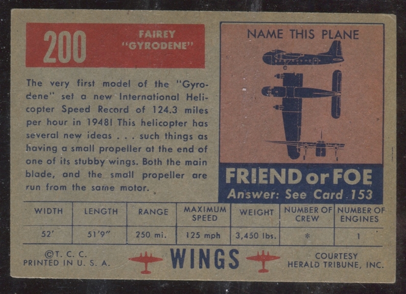 1952 Topps Wings #200 Fairey Gyrodeen EX