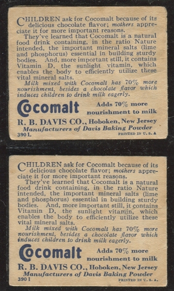 1930's Davis Cocomalt Games Lot of (2) Cards