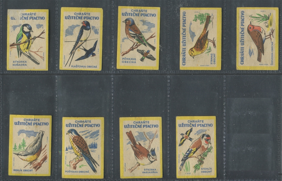 1950's Czech Issue Birds Matchbox Labels Complete Set of (9)