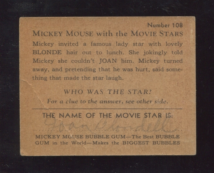 R90 Gum Inc Mickey Mouse and the Movie Stars #108 Joan Blondell