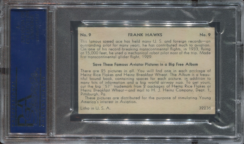 F277-4 Heinz Rice Flakes Famous Aviators #9 Frank Hawkes PSA2.5 Good+